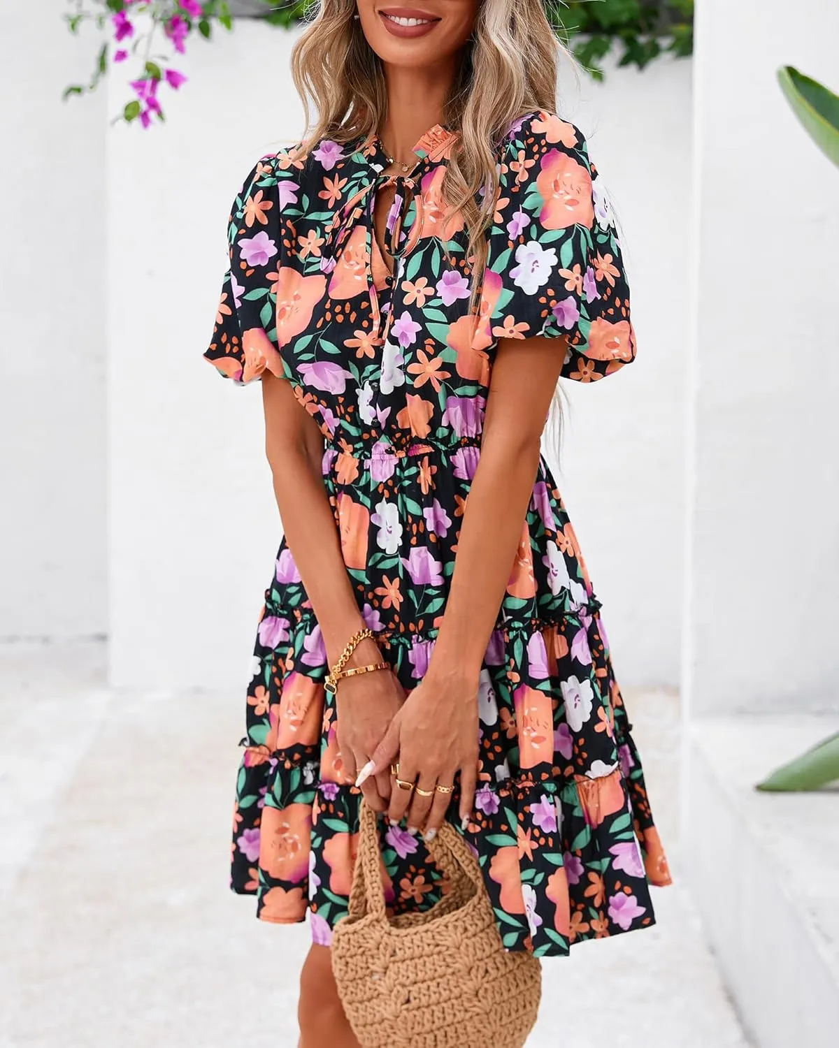 BTFBM Women Summer Floral Short Dresses V Neck Short Sleeve Tiered Ruffle Boho Swing Dress A-Line Mini Dresses