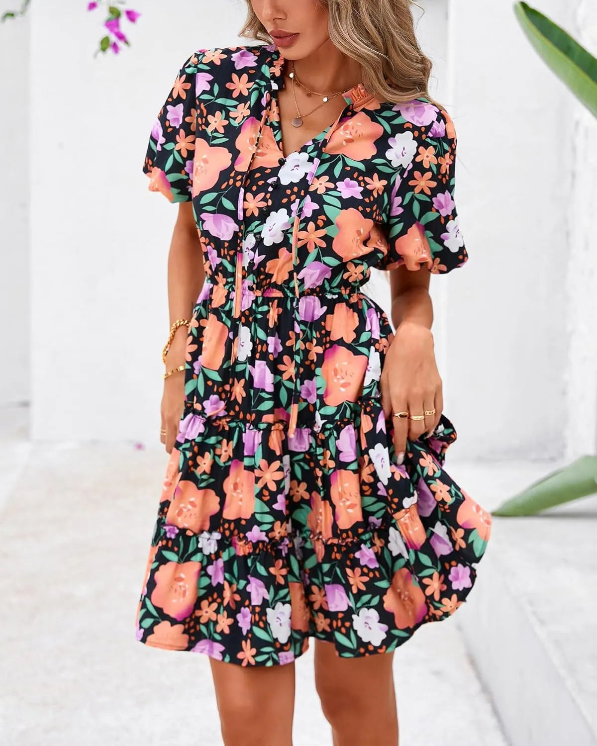 BTFBM Women Summer Floral Short Dresses V Neck Short Sleeve Tiered Ruffle Boho Swing Dress A-Line Mini Dresses