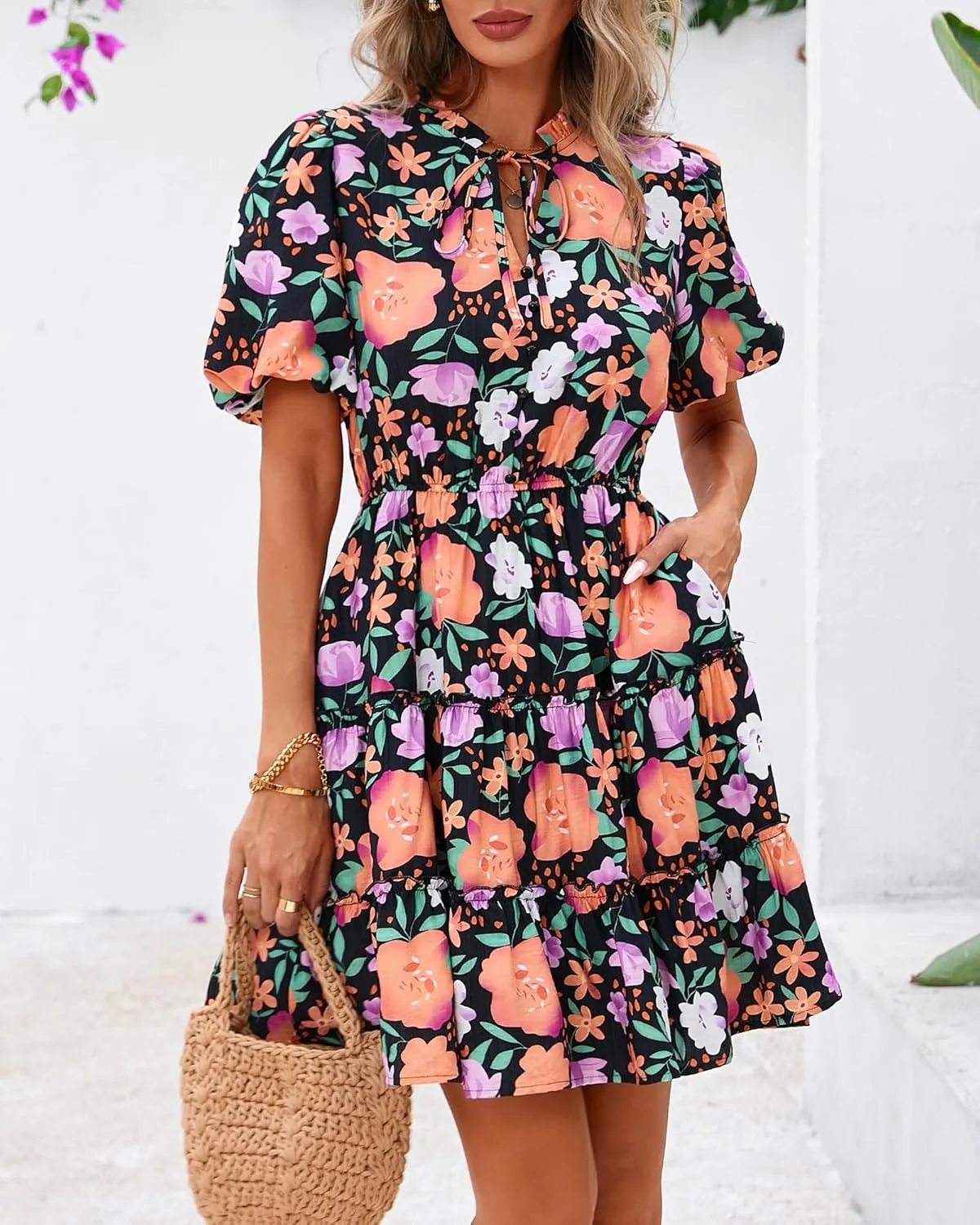 BTFBM Women Summer Floral Short Dresses V Neck Short Sleeve Tiered Ruffle Boho Swing Dress A-Line Mini Dresses