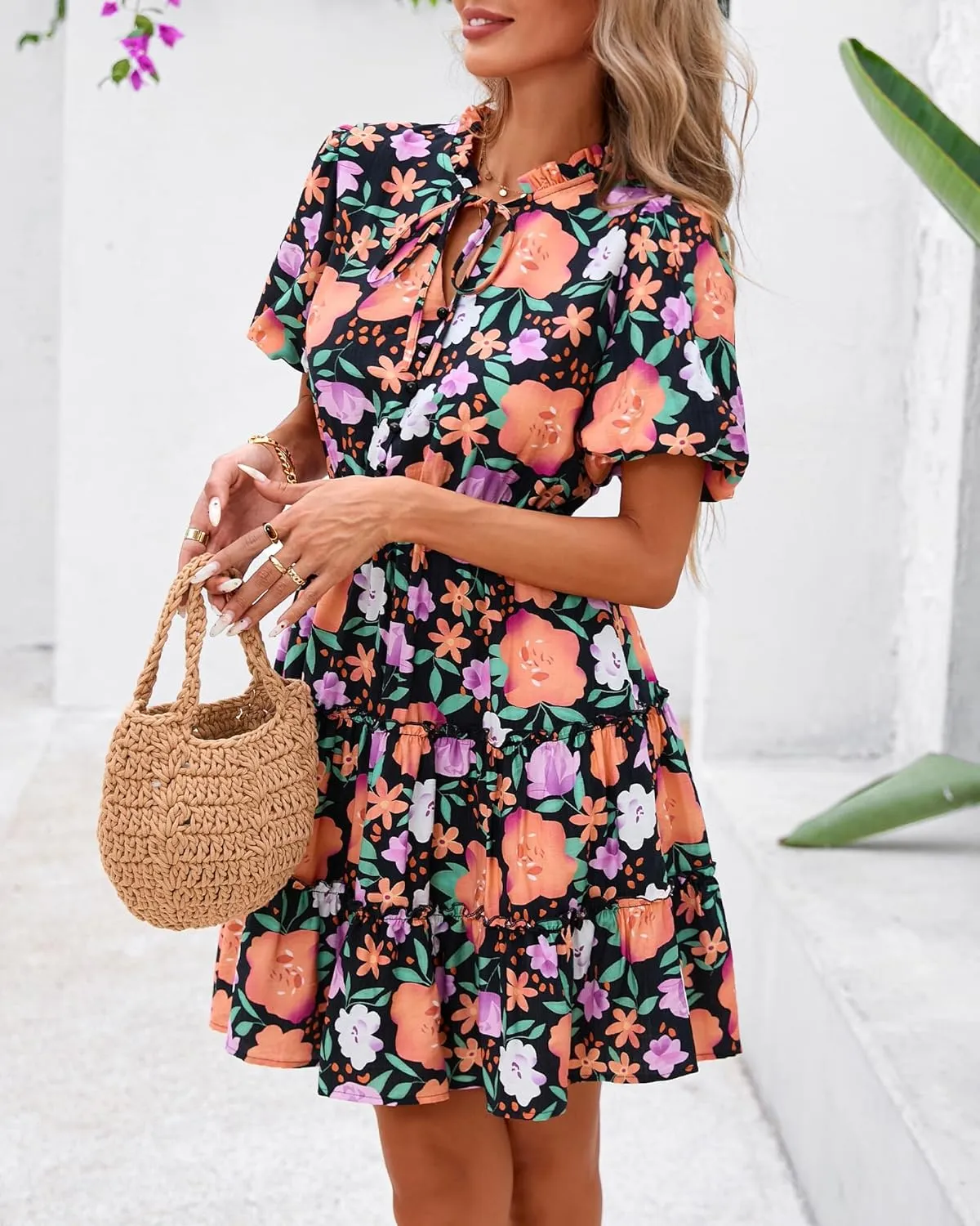 BTFBM Women Summer Floral Short Dresses V Neck Short Sleeve Tiered Ruffle Boho Swing Dress A-Line Mini Dresses