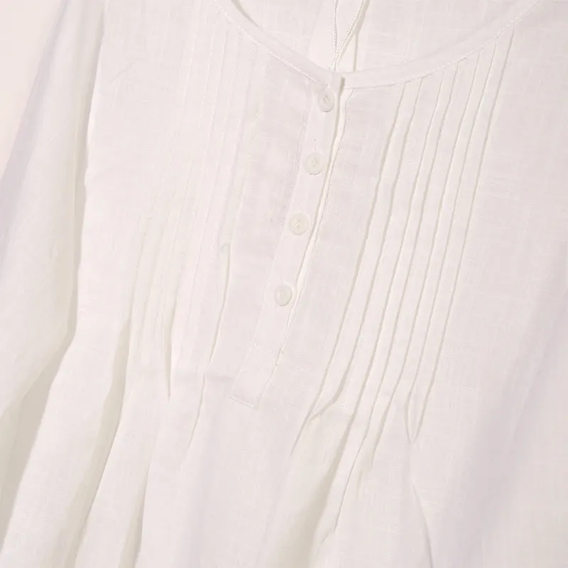 Buddha Stones Round Neck Casual Pleated Long Sleeve Shirt Cotton Linen Women's Shirts