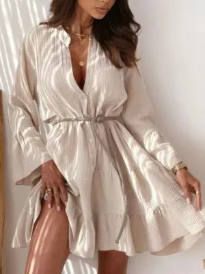 Button Detail Notched Long Sleeve Dress
