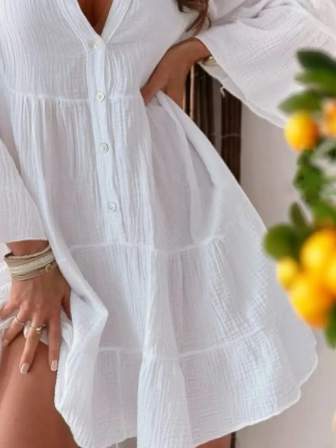 Button Detail Notched Long Sleeve Dress