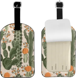 Cacti Luggage Tag for Suitcases,Green Succulent Cactus and Orange Flowers PU Leather Baggage Tags Bag Tags Travel Id Label for Luggage Women Men -1 Piece