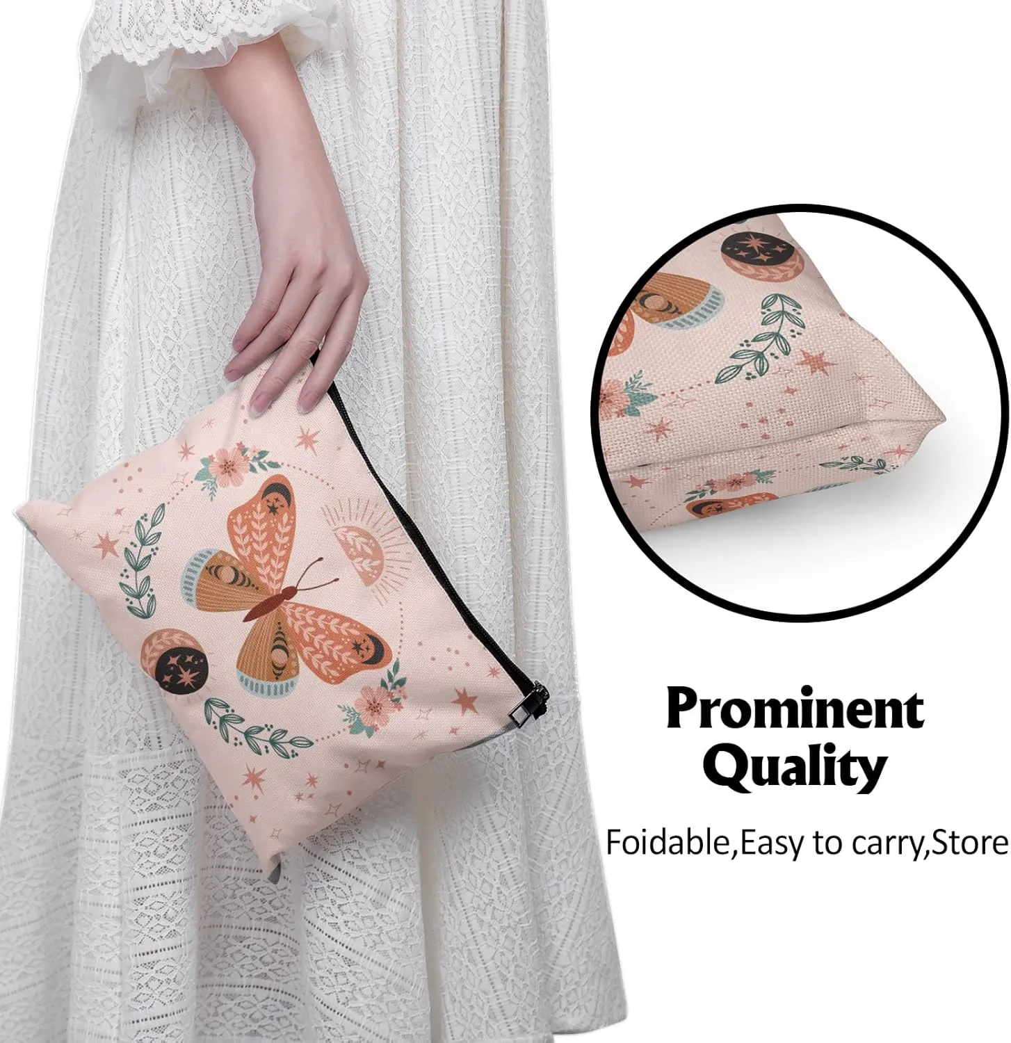 Cafl Boho Butterfly Makeup Bag Magical Luna Butterfly Zipper Pouch Cosmetic Pouch Large Travel Linen Make Up Organizer for Purse for Women 108Inch