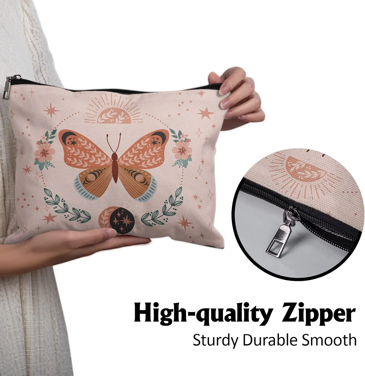 Cafl Boho Butterfly Makeup Bag Magical Luna Butterfly Zipper Pouch Cosmetic Pouch Large Travel Linen Make Up Organizer for Purse for Women 108Inch