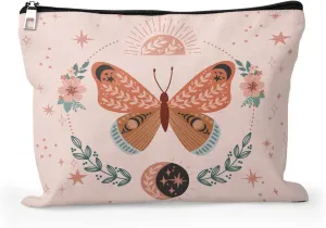 Cafl Boho Butterfly Makeup Bag Magical Luna Butterfly Zipper Pouch Cosmetic Pouch Large Travel Linen Make Up Organizer for Purse for Women 108Inch