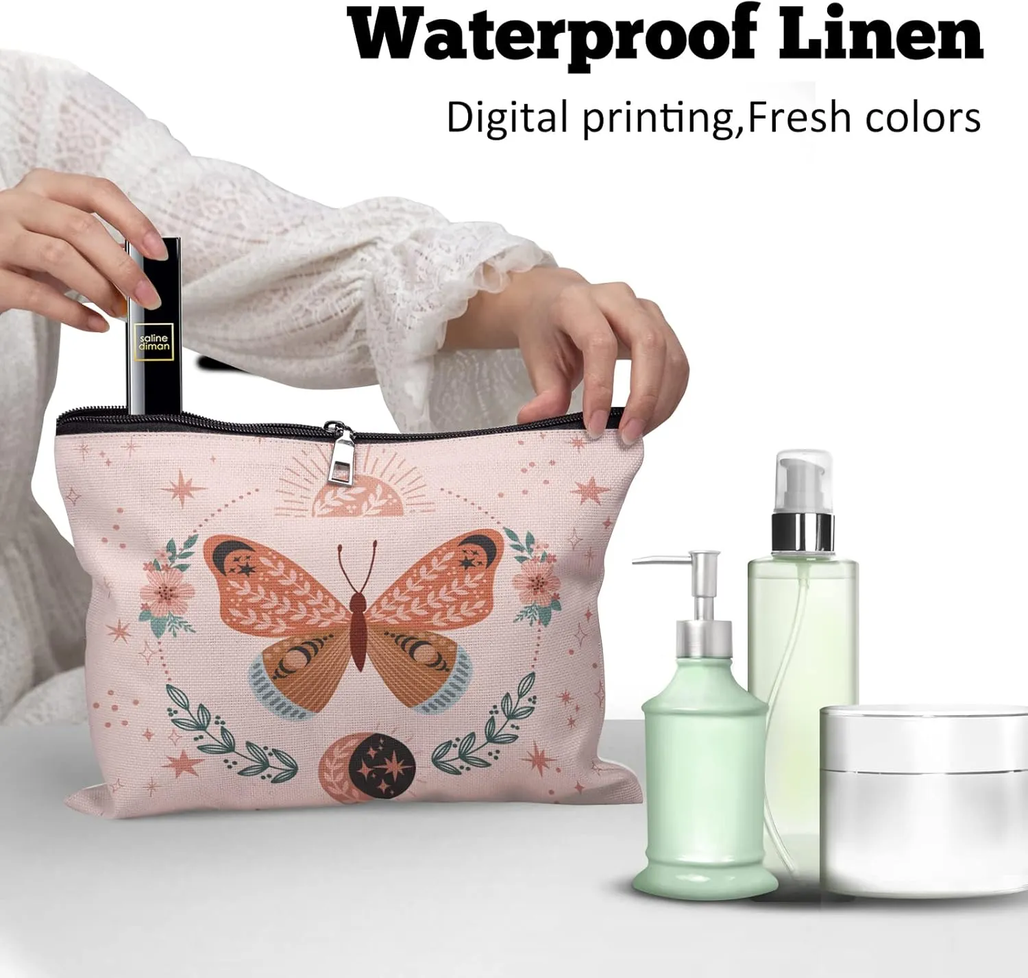Cafl Boho Butterfly Makeup Bag Magical Luna Butterfly Zipper Pouch Cosmetic Pouch Large Travel Linen Make Up Organizer for Purse for Women 108Inch