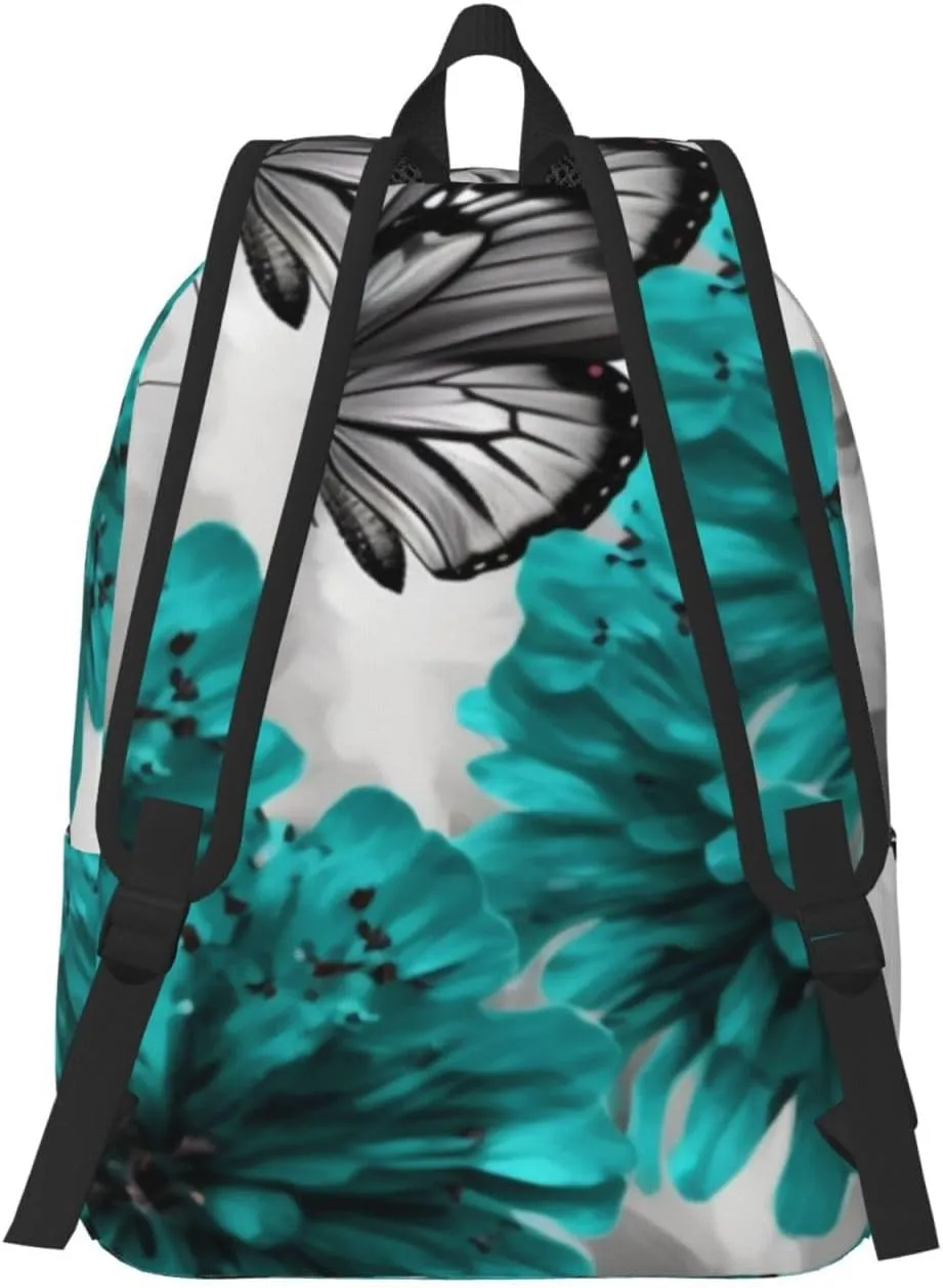 Canvas Backpack for Men Women Lightweight Laptop Backpack Gray Teal Flower Butterfly Laptop Bag Daypack for Travel