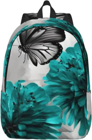 Canvas Backpack for Men Women Lightweight Laptop Backpack Gray Teal Flower Butterfly Laptop Bag Daypack for Travel