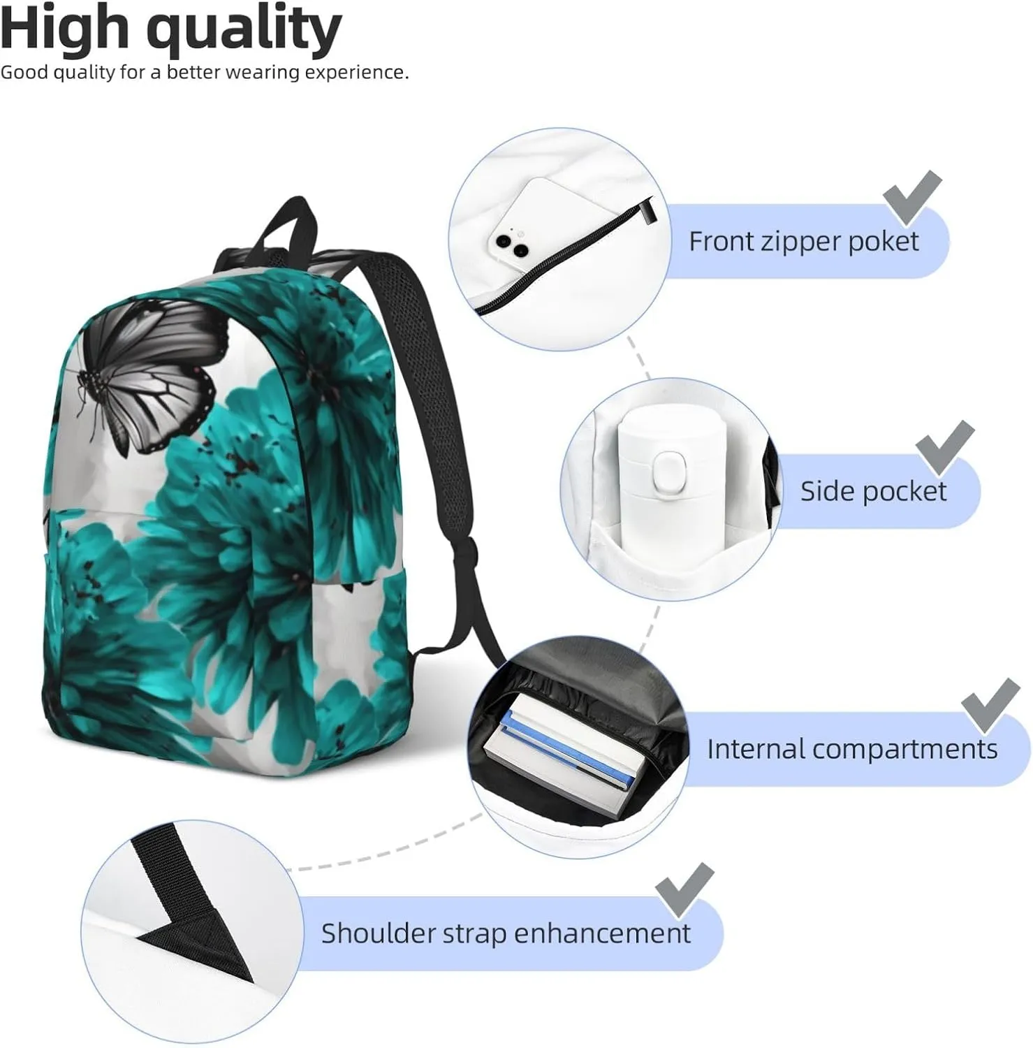 Canvas Backpack for Men Women Lightweight Laptop Backpack Gray Teal Flower Butterfly Laptop Bag Daypack for Travel