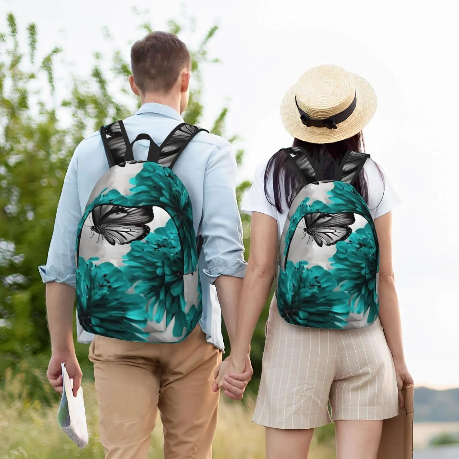 Canvas Backpack for Men Women Lightweight Laptop Backpack Gray Teal Flower Butterfly Laptop Bag Daypack for Travel