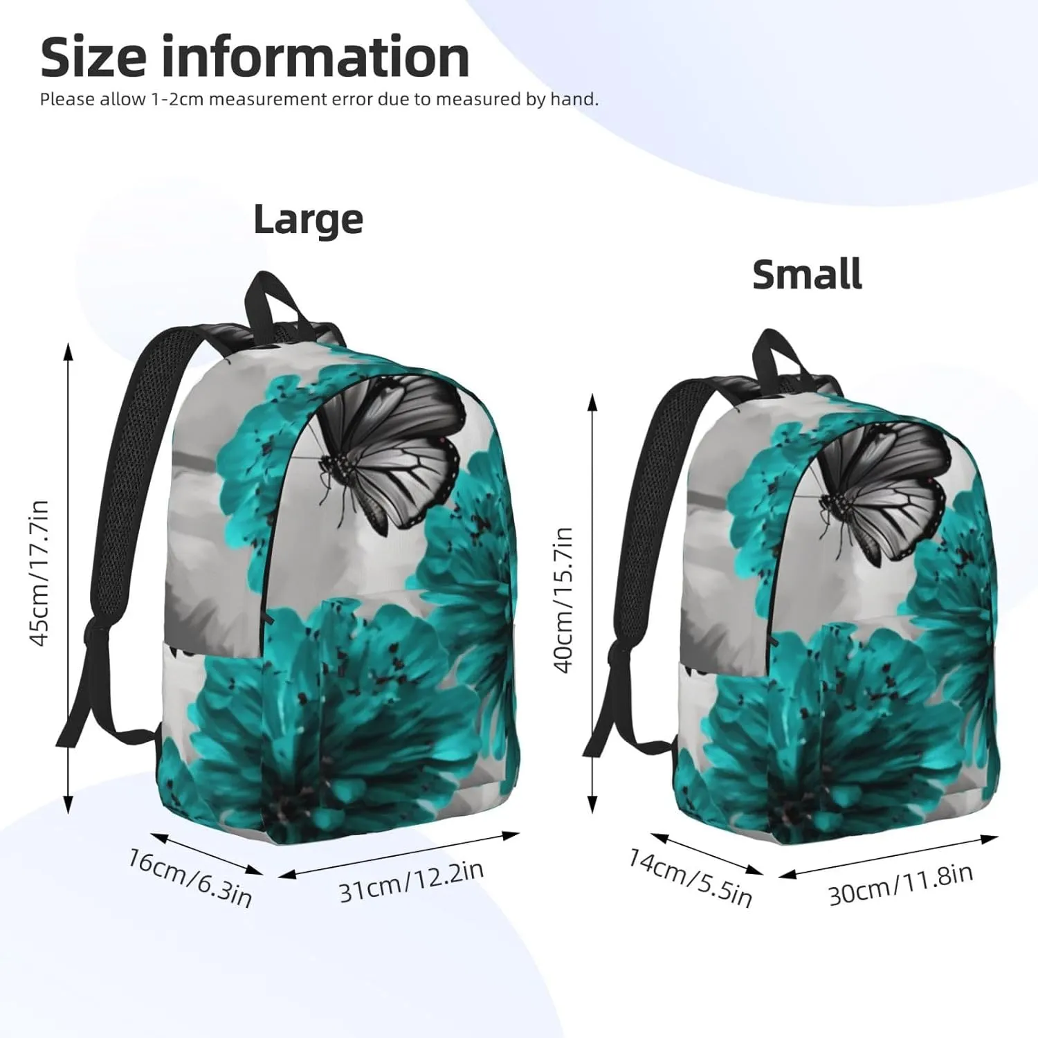 Canvas Backpack for Men Women Lightweight Laptop Backpack Gray Teal Flower Butterfly Laptop Bag Daypack for Travel