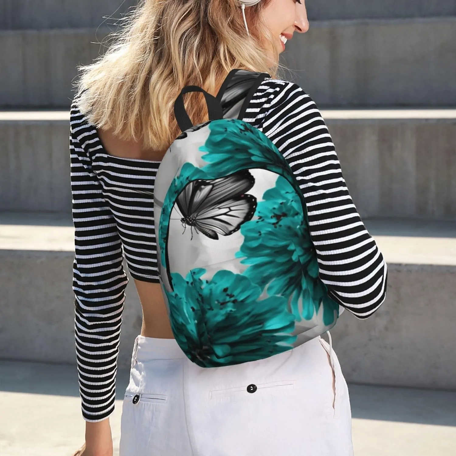 Canvas Backpack for Men Women Lightweight Laptop Backpack Gray Teal Flower Butterfly Laptop Bag Daypack for Travel