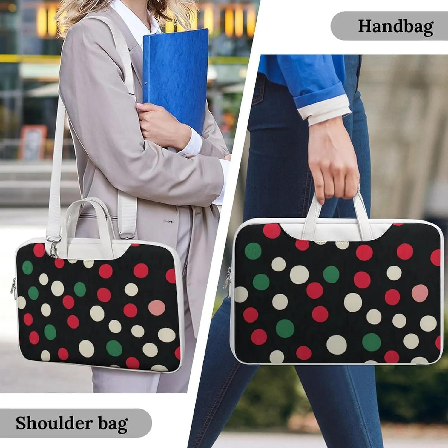 Christmas Polka Dots Leather Bag Laptop Case Slim Water Resistant Computer Bags with Handle Briefcase for Work