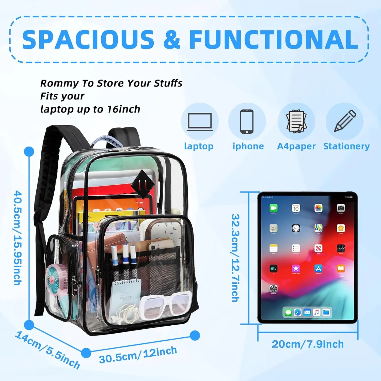 Clear Backpack for School, Heavy Duty PVC See Through Book Bag Stadium Approved Transparent Backpack, Black
