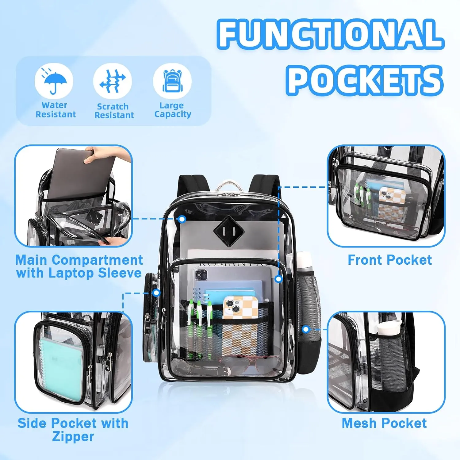 Clear Backpack for School, Heavy Duty PVC See Through Book Bag Stadium Approved Transparent Backpack, Black