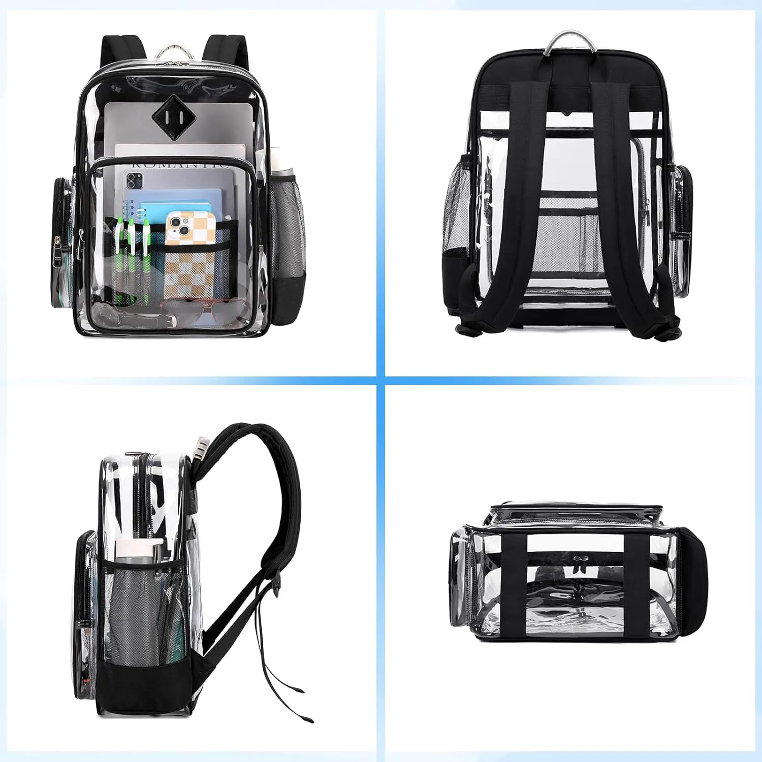 Clear Backpack for School, Heavy Duty PVC See Through Book Bag Stadium Approved Transparent Backpack, Black