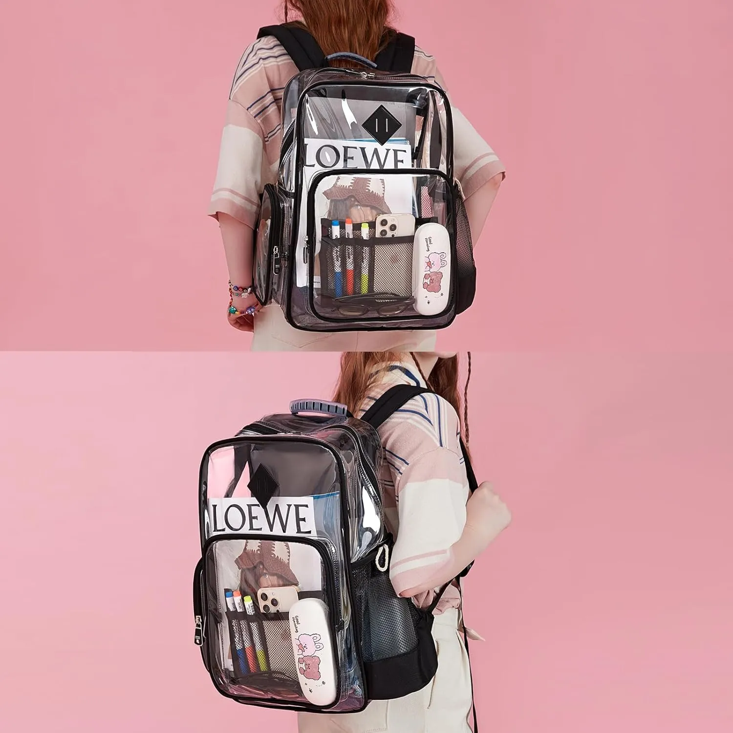 Clear Backpack for School, Heavy Duty PVC See Through Book Bag Stadium Approved Transparent Backpack, Black