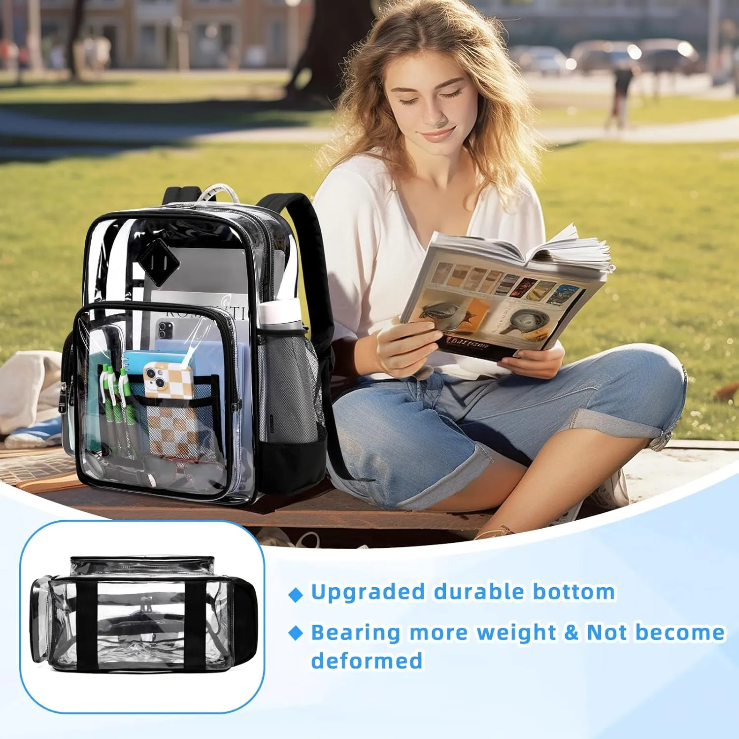 Clear Backpack for School, Heavy Duty PVC See Through Book Bag Stadium Approved Transparent Backpack, Black