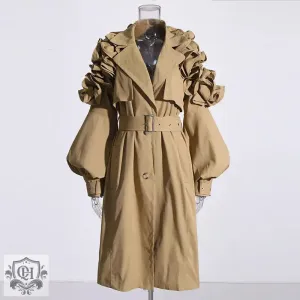 Collared Ruffled Sleeve Trench Coat