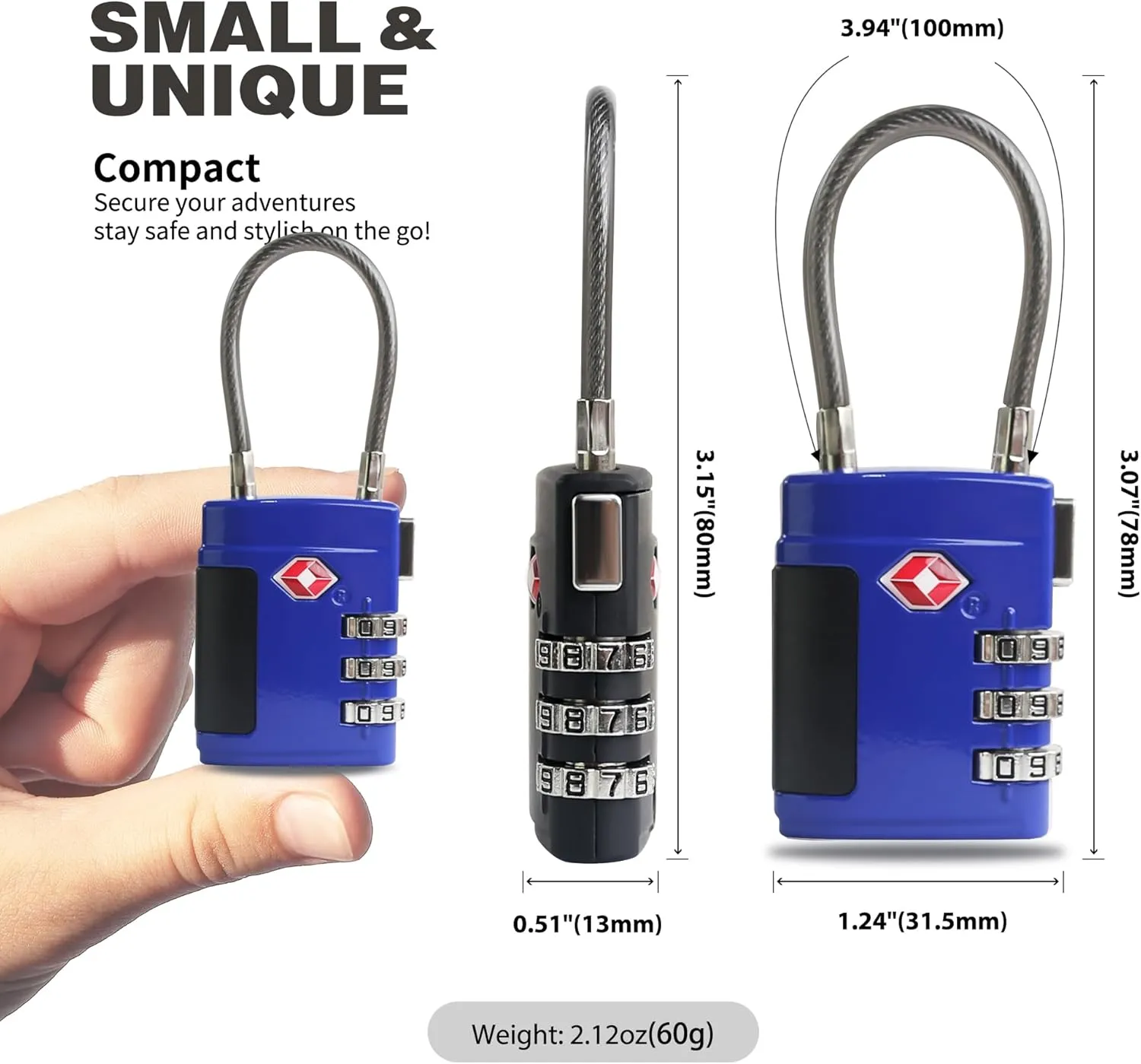 Combination TSA Locks for Luggage, Locker, Luggage Locks TSA Approved, Small Combo Cable Padlock with Code for Gym Locker, Suitcase, Gun Case, Backpack Bag Zipper, Storage Box, Travel Case