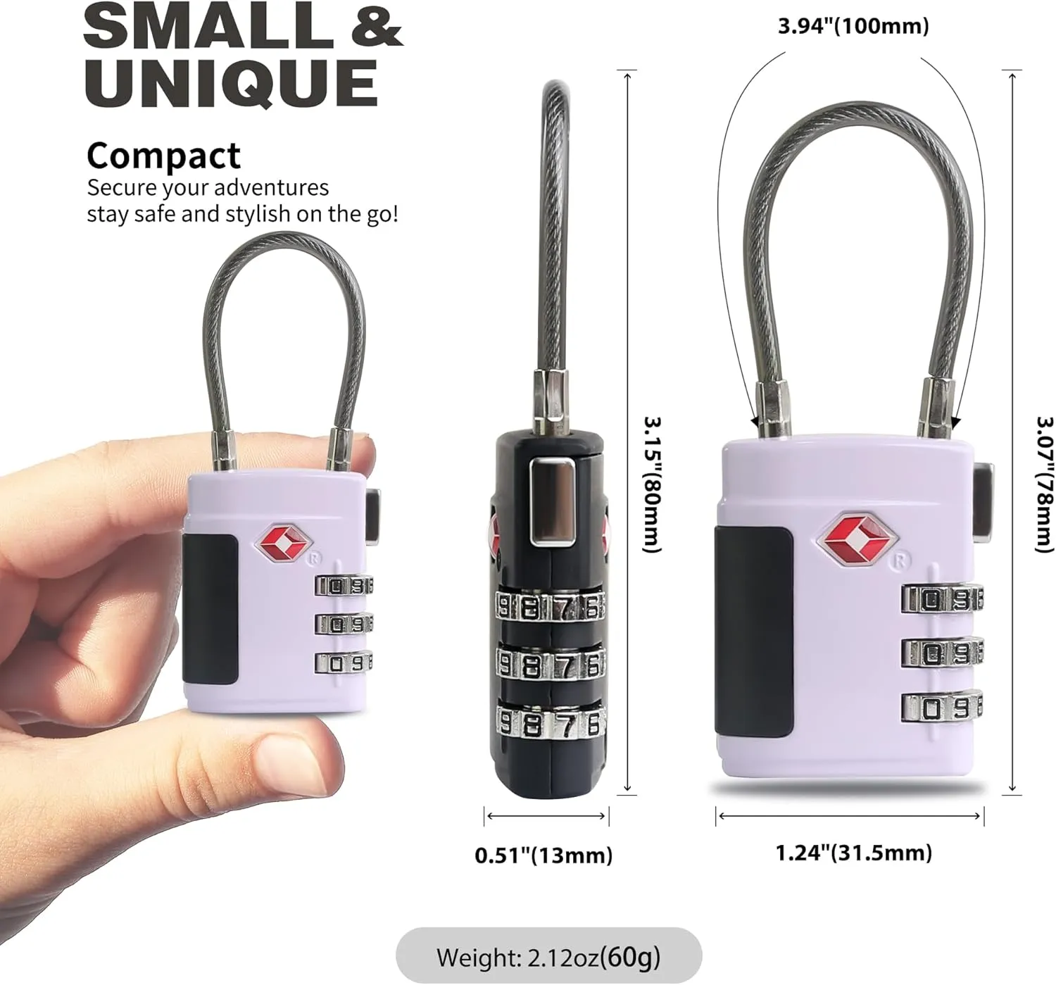 Combo TSA Locks for Luggage, Locker, Suitcase, Luggage Locks TSA Approved, Small Combination Padlock with Cable for Gym Locker, Gun Case, Backpack Bag Zipper, Storage Box, Travel Safe