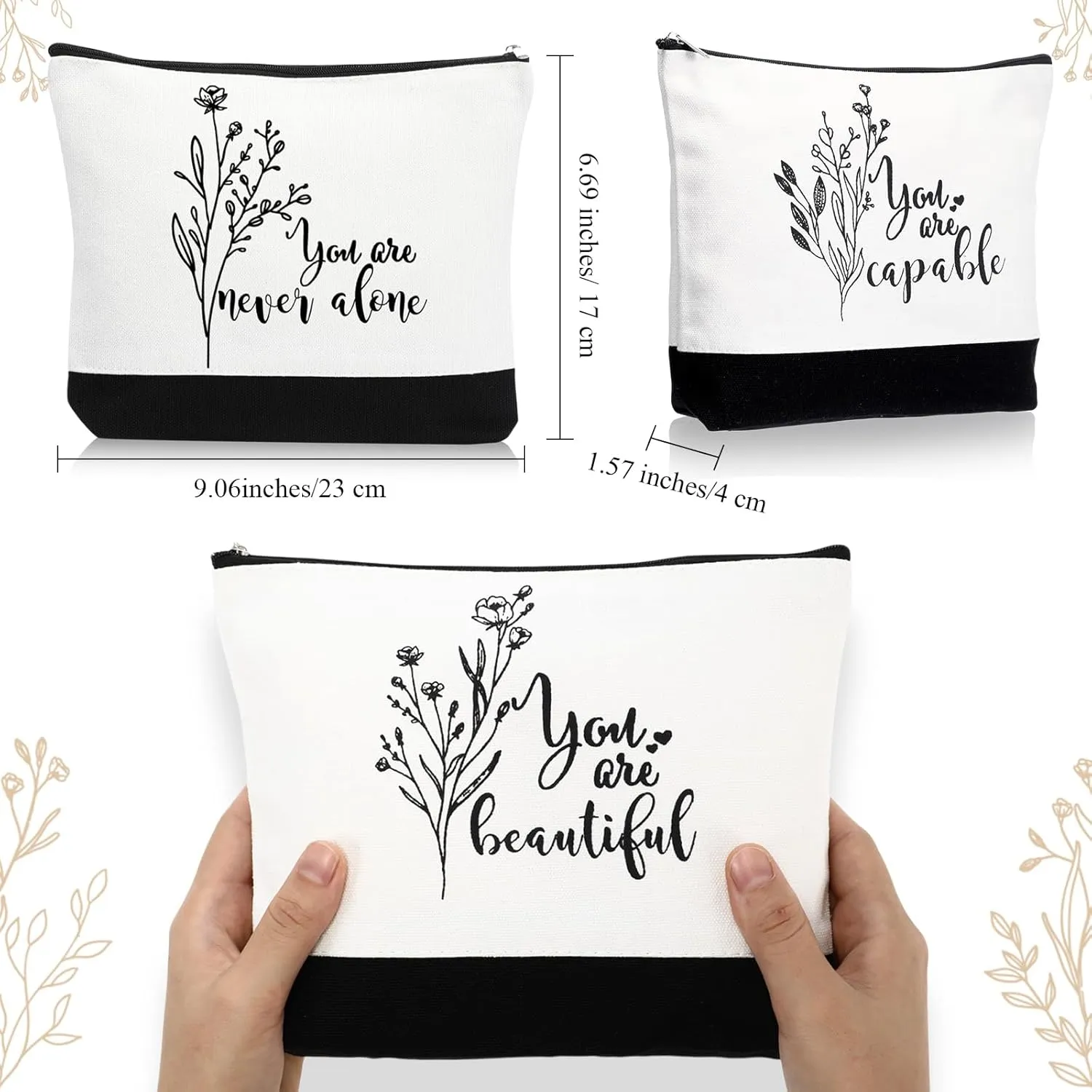 Coume 10 Pcs Boho Flower Canvas Makeup Bags Bulk, Black White Aesthetic Inspirational Quotes Cosmetic Bags Zipper Encouragement Travel Pouch Toiletry Bag Women Teacher Friend Birthday Gift