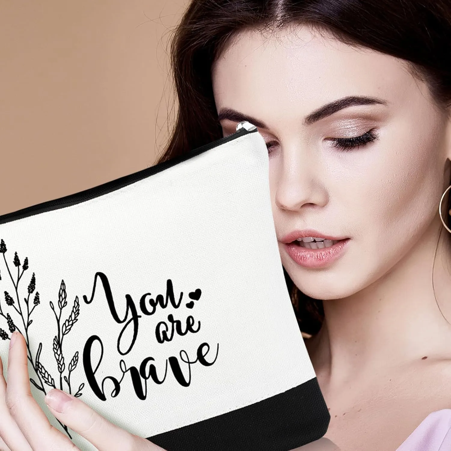 Coume 10 Pcs Boho Flower Canvas Makeup Bags Bulk, Black White Aesthetic Inspirational Quotes Cosmetic Bags Zipper Encouragement Travel Pouch Toiletry Bag Women Teacher Friend Birthday Gift