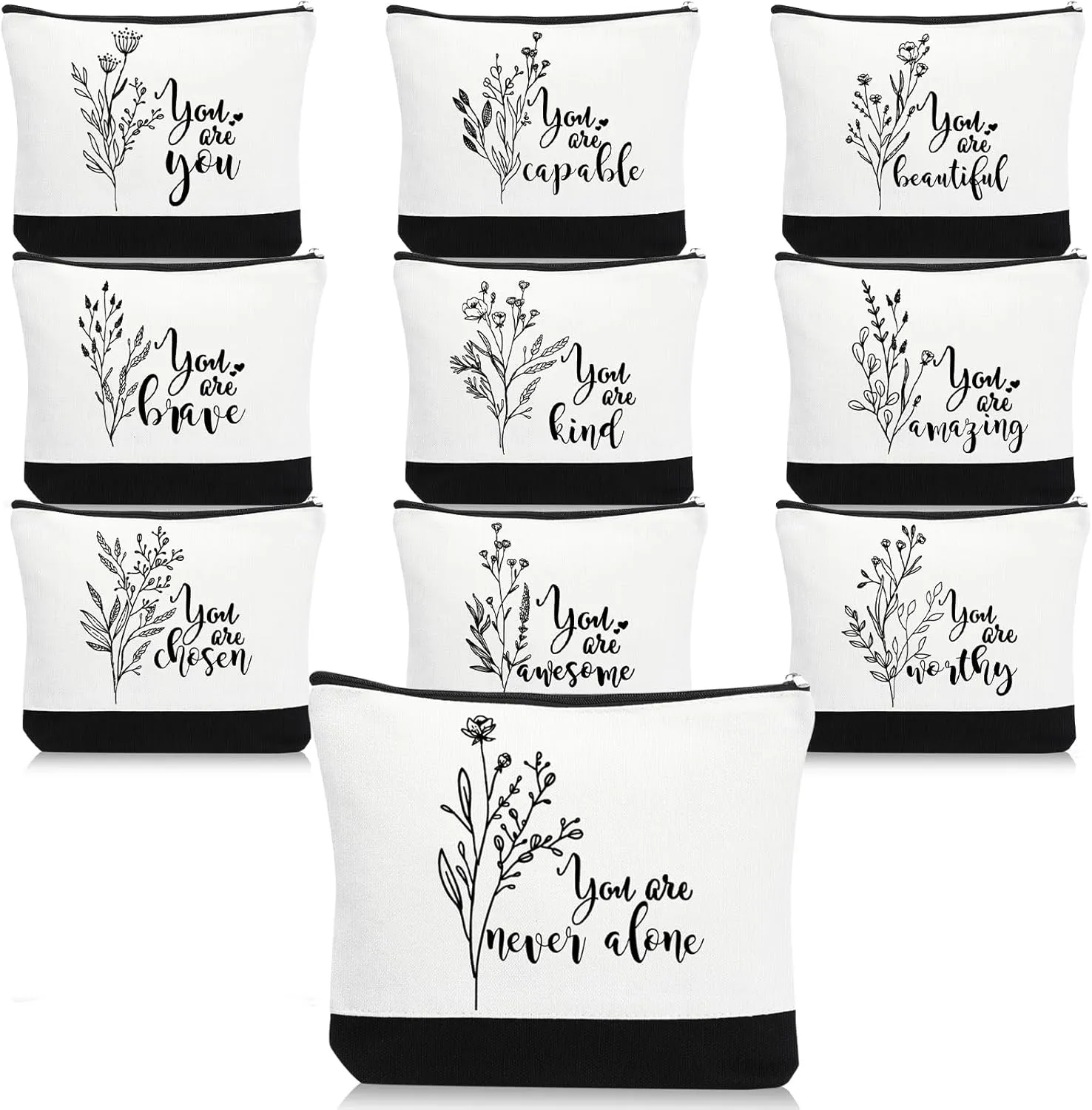 Coume 10 Pcs Boho Flower Canvas Makeup Bags Bulk, Black White Aesthetic Inspirational Quotes Cosmetic Bags Zipper Encouragement Travel Pouch Toiletry Bag Women Teacher Friend Birthday Gift