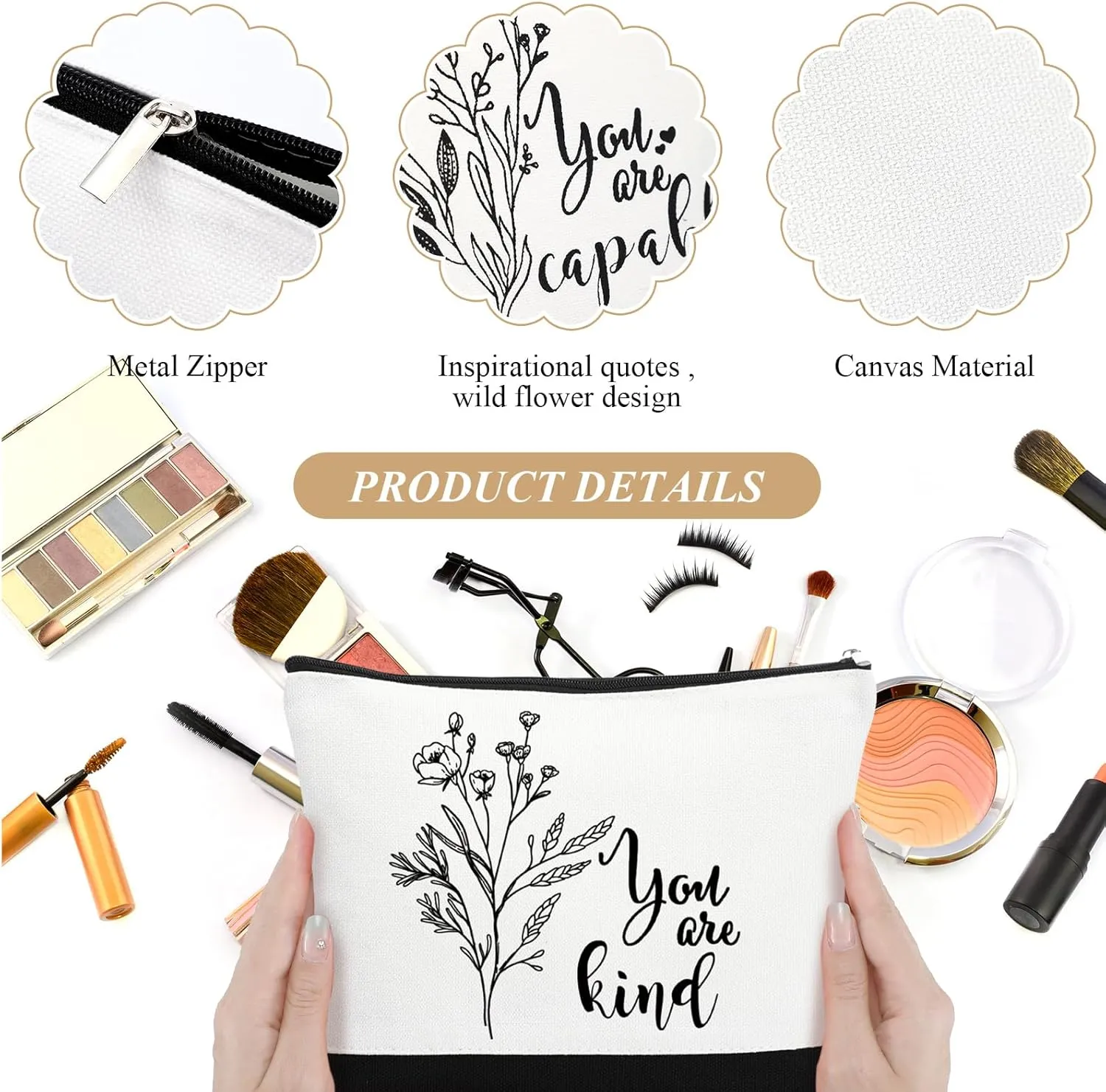 Coume 10 Pcs Boho Flower Canvas Makeup Bags Bulk, Black White Aesthetic Inspirational Quotes Cosmetic Bags Zipper Encouragement Travel Pouch Toiletry Bag Women Teacher Friend Birthday Gift