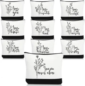 Coume 10 Pcs Boho Flower Canvas Makeup Bags Bulk, Black White Aesthetic Inspirational Quotes Cosmetic Bags Zipper Encouragement Travel Pouch Toiletry Bag Women Teacher Friend Birthday Gift
