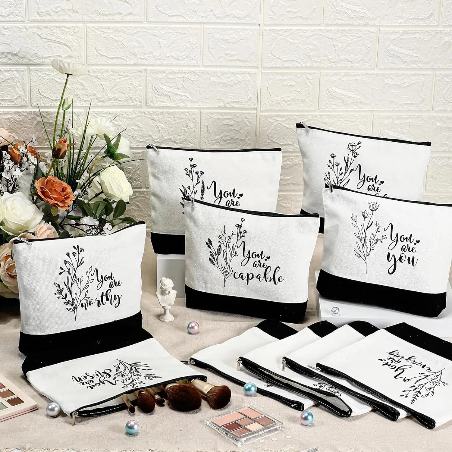 Coume 10 Pcs Boho Flower Canvas Makeup Bags Bulk, Black White Aesthetic Inspirational Quotes Cosmetic Bags Zipper Encouragement Travel Pouch Toiletry Bag Women Teacher Friend Birthday Gift