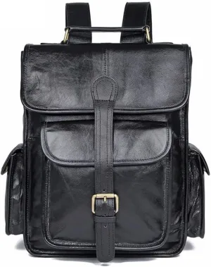 Cowhide Casual Daypack Laptop Bags Mens Leather Backpacks Briefcases Hiking Daypacks (Black)
