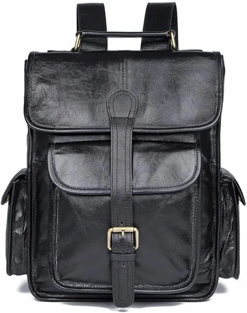 Cowhide Casual Daypack Laptop Bags Mens Leather Backpacks Briefcases Hiking Daypacks (Black)