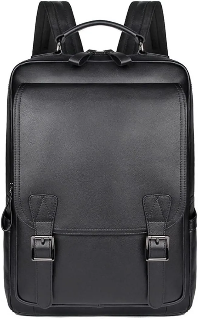 Cowhide Casual Daypack Laptop Bags Mens Leather Backpacks Hiking Daypacks Briefcases, Black (Black)