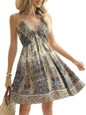 CUPSHE Women's Backless Halter Beach Dress Boho Ruffle Plunge V Neck Mini Sundress Summer Dresses
