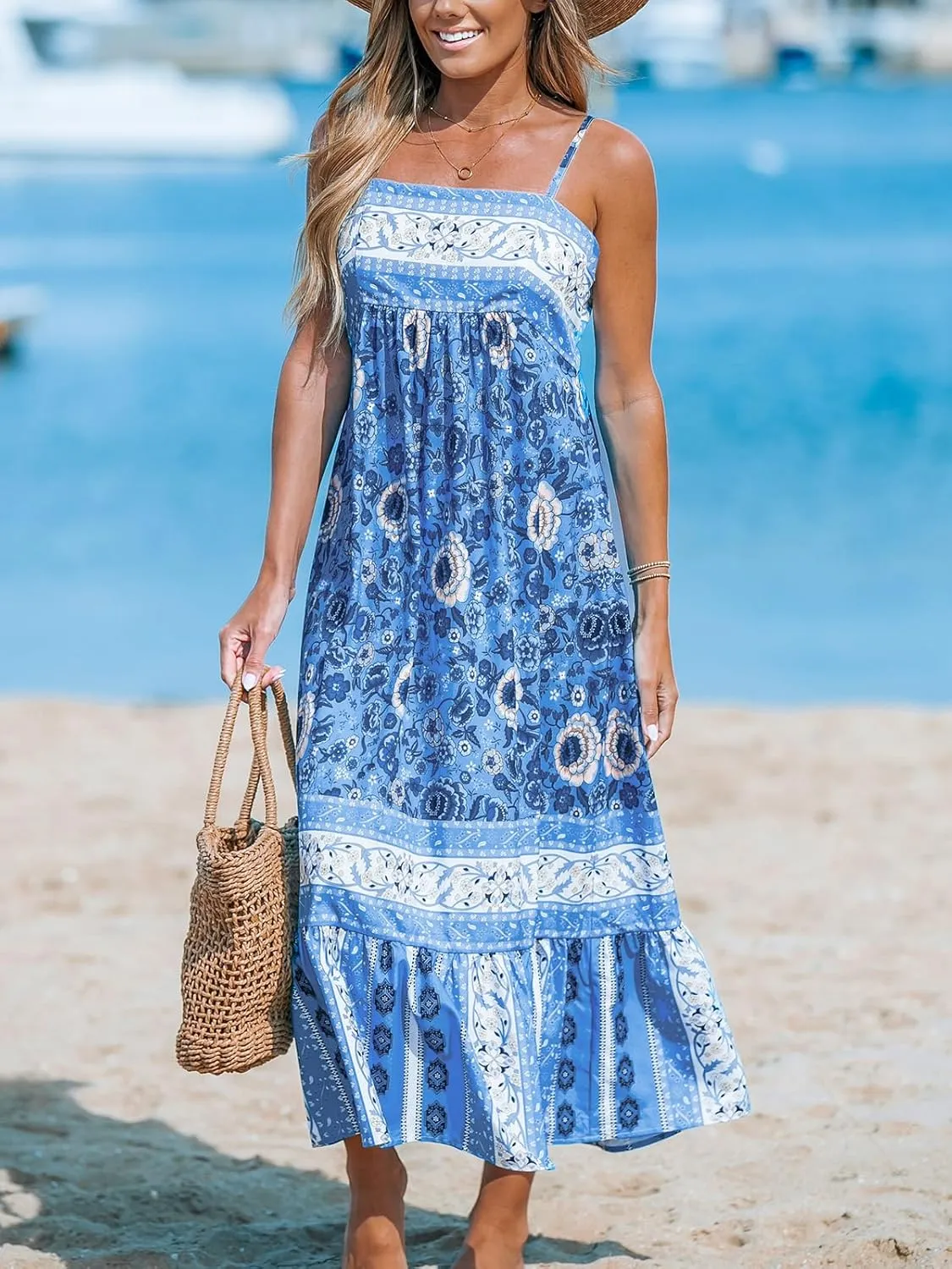 CUPSHE Women's Maxi Dress Ditsy Floral Smocked Summer Sundress Sleeveless Ruffled Spaghetti Straps Long Beach Formal Dress