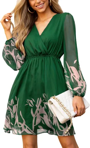 CUPSHE Women's Mini Dresses Casual Spring V Neck Chiffon Long Peasant Sleeves Flowy Summer Dress
