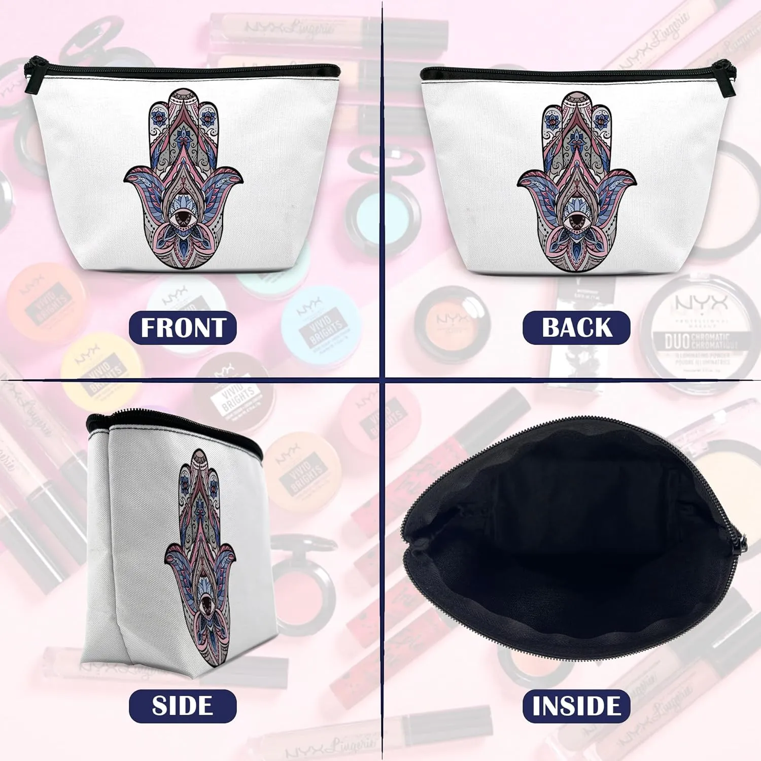 Cute Makeup Bag for Purse, Boho Hamsa Hand Cosmetic Bag for Women, Travel Toiletry Funny Zipper Pouch Gift 9.55.9 Inch