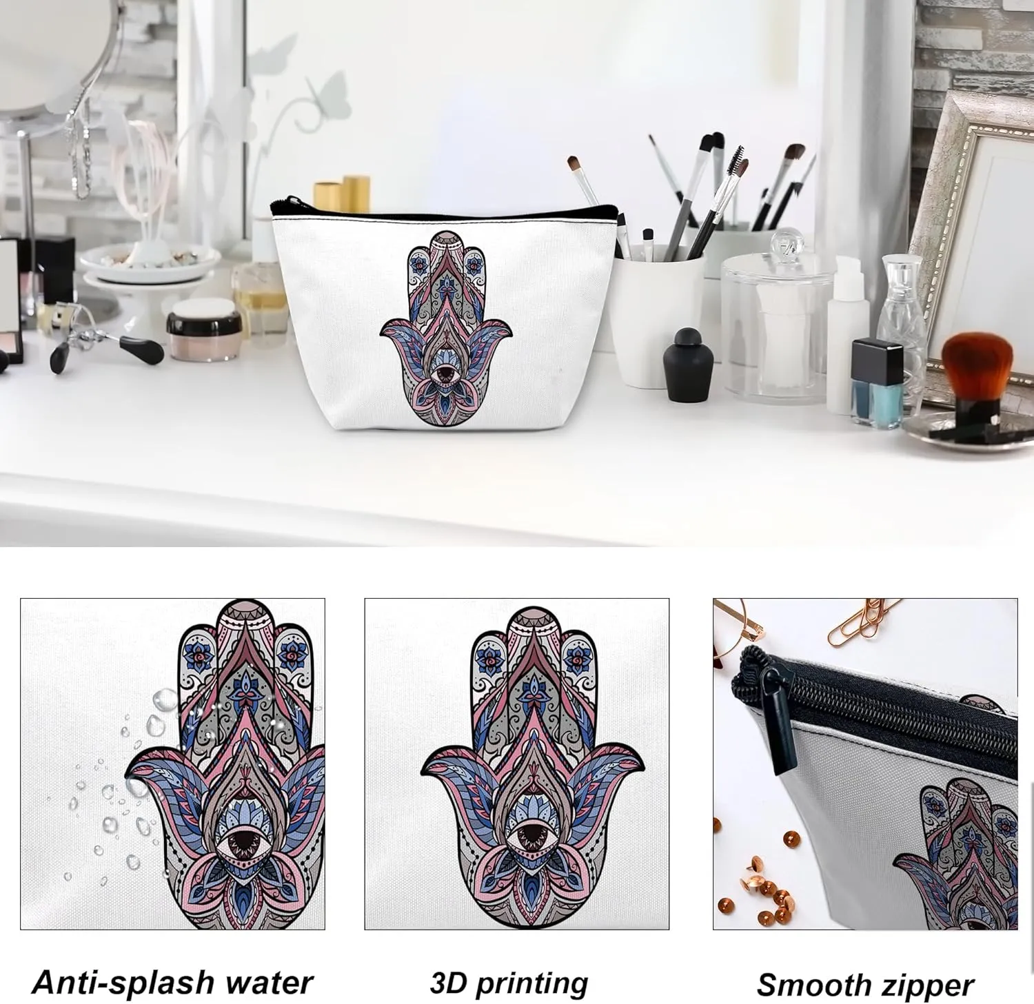Cute Makeup Bag for Purse, Boho Hamsa Hand Cosmetic Bag for Women, Travel Toiletry Funny Zipper Pouch Gift 9.55.9 Inch