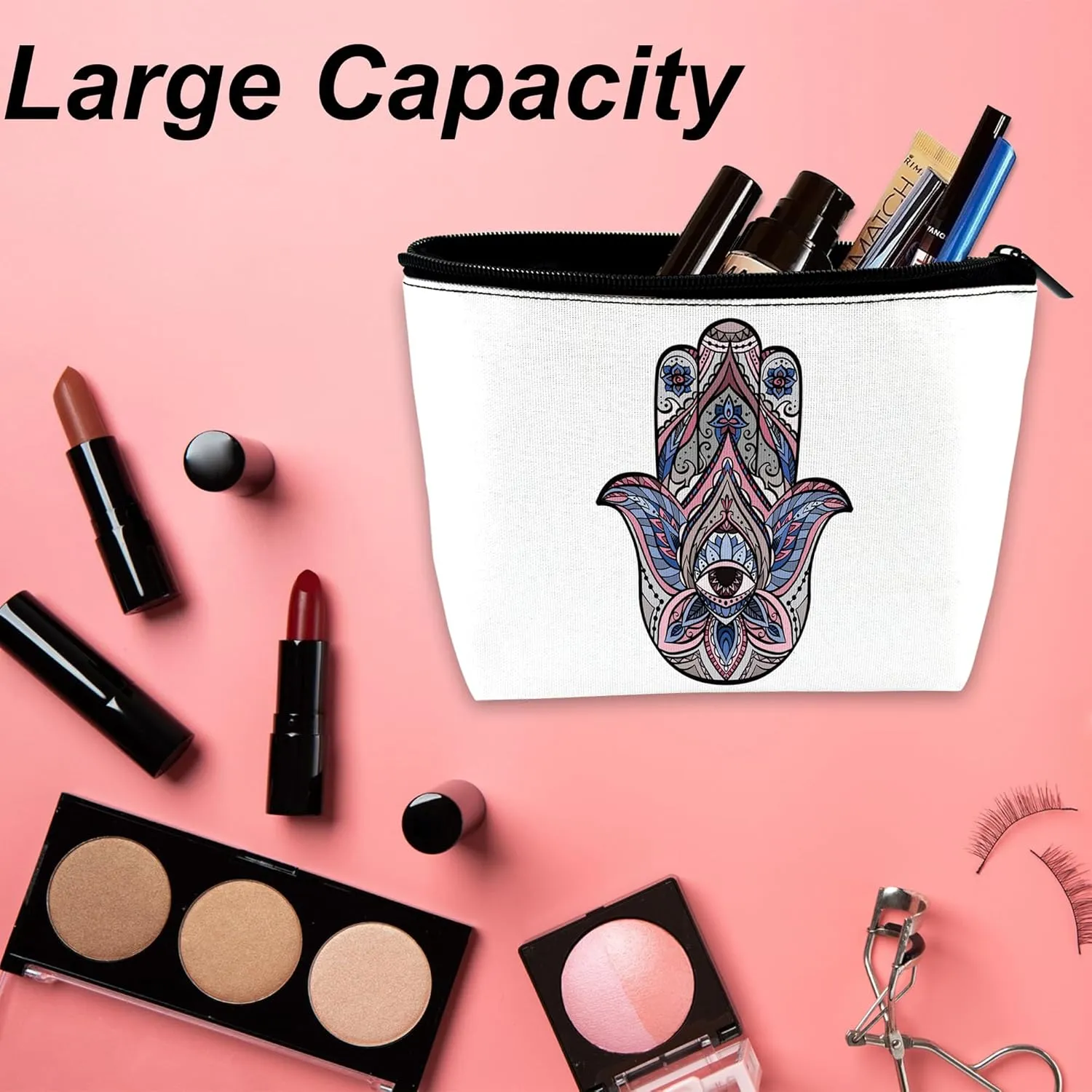 Cute Makeup Bag for Purse, Boho Hamsa Hand Cosmetic Bag for Women, Travel Toiletry Funny Zipper Pouch Gift 9.55.9 Inch