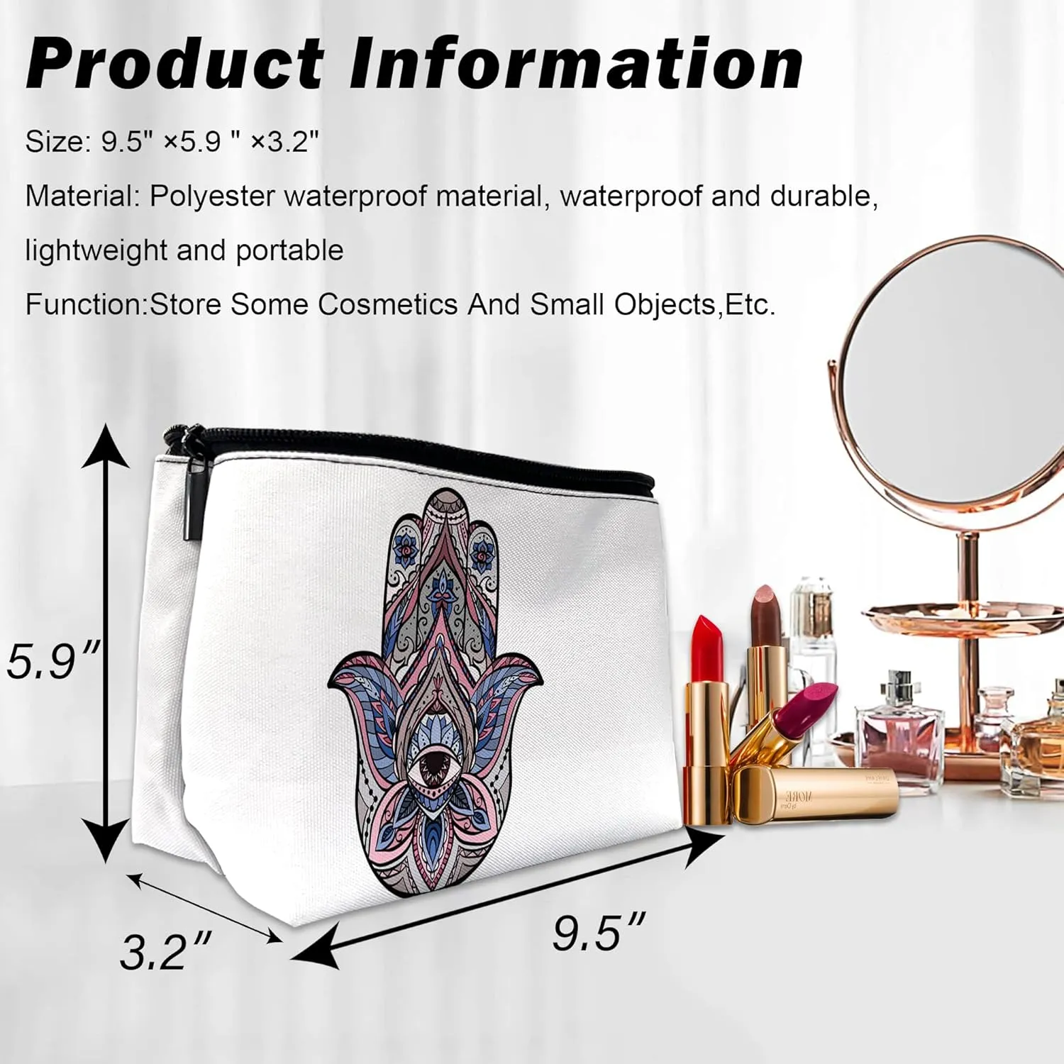 Cute Makeup Bag for Purse, Boho Hamsa Hand Cosmetic Bag for Women, Travel Toiletry Funny Zipper Pouch Gift 9.55.9 Inch