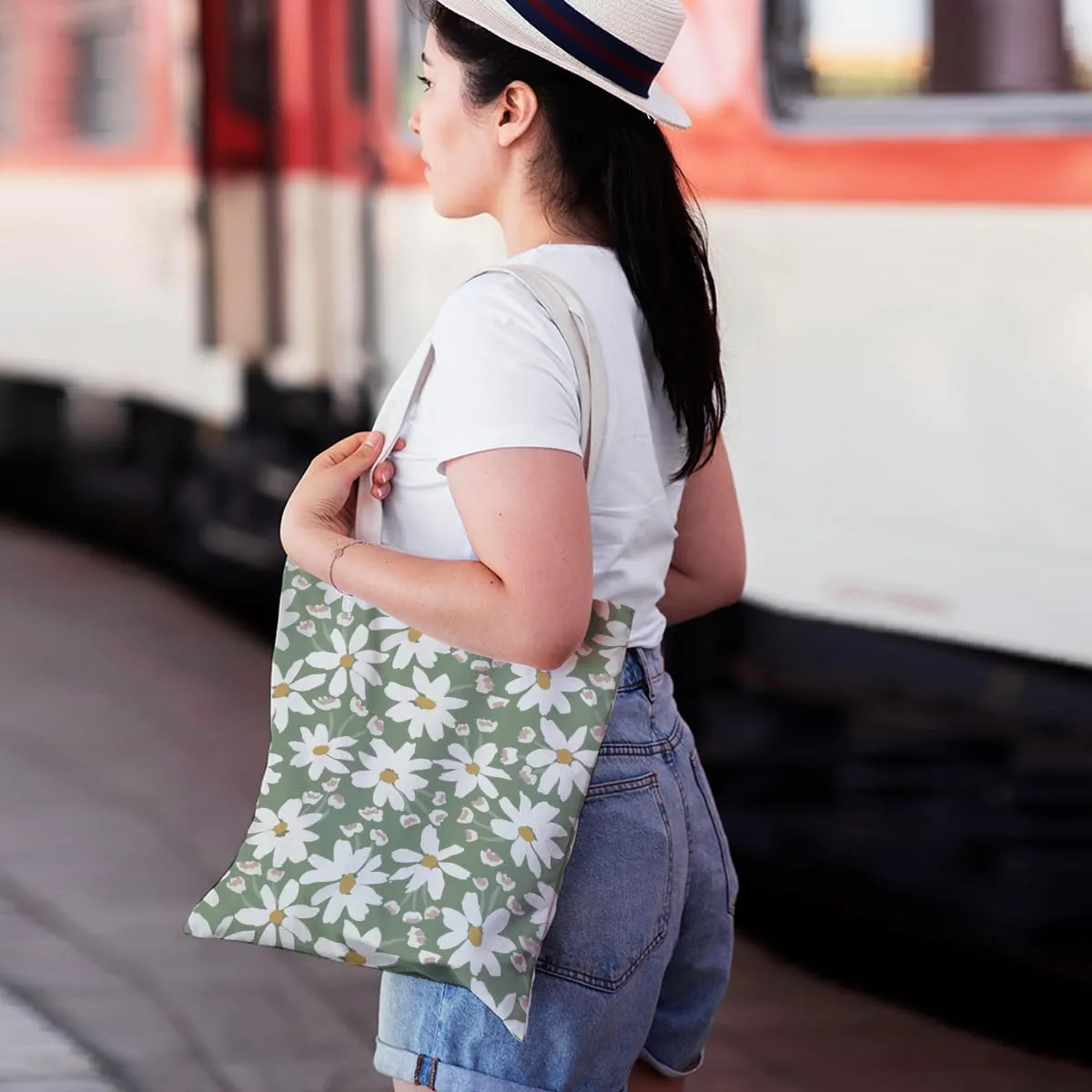 Cute Tote Bag for Women Floral Cat Gifts Boho Butterfly Forest Animals Reusable Grocery Bags Cat Lover Gifts