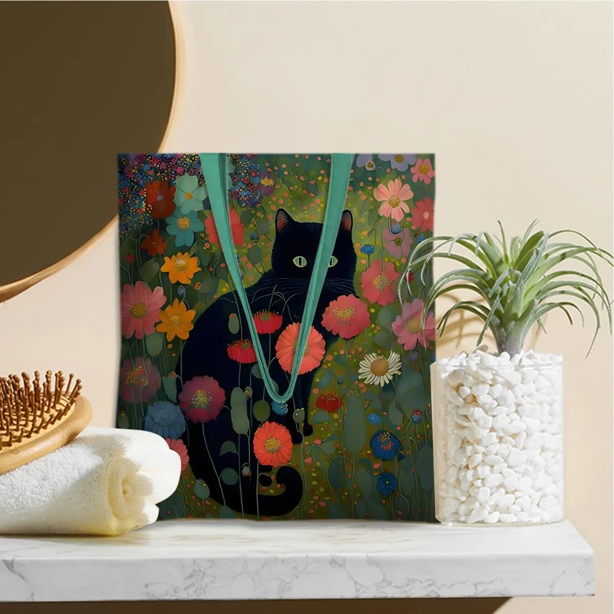 Cute Tote Bag for Women Floral Cat Gifts Boho Butterfly Forest Animals Reusable Grocery Bags Cat Lover Gifts