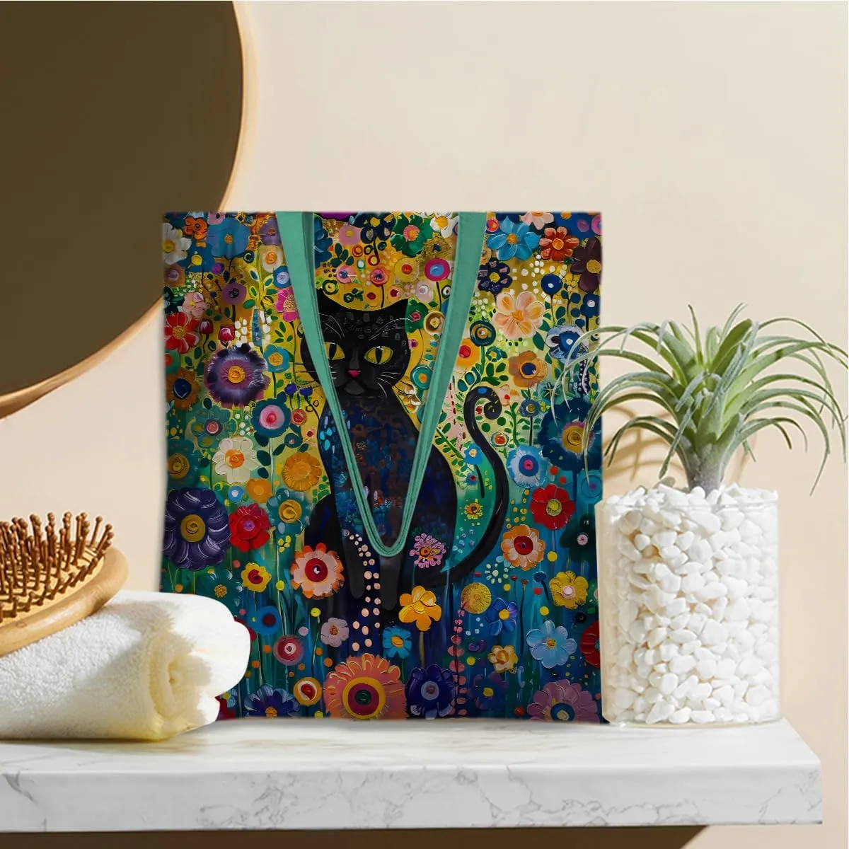 Cute Tote Bag for Women Floral Cat Gifts Boho Butterfly Forest Animals Reusable Grocery Bags Cat Lover Gifts