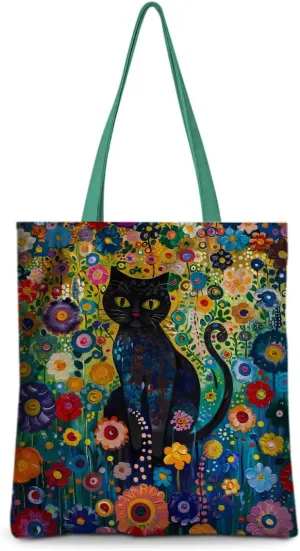 Cute Tote Bag for Women Floral Cat Gifts Boho Butterfly Forest Animals Reusable Grocery Bags Cat Lover Gifts