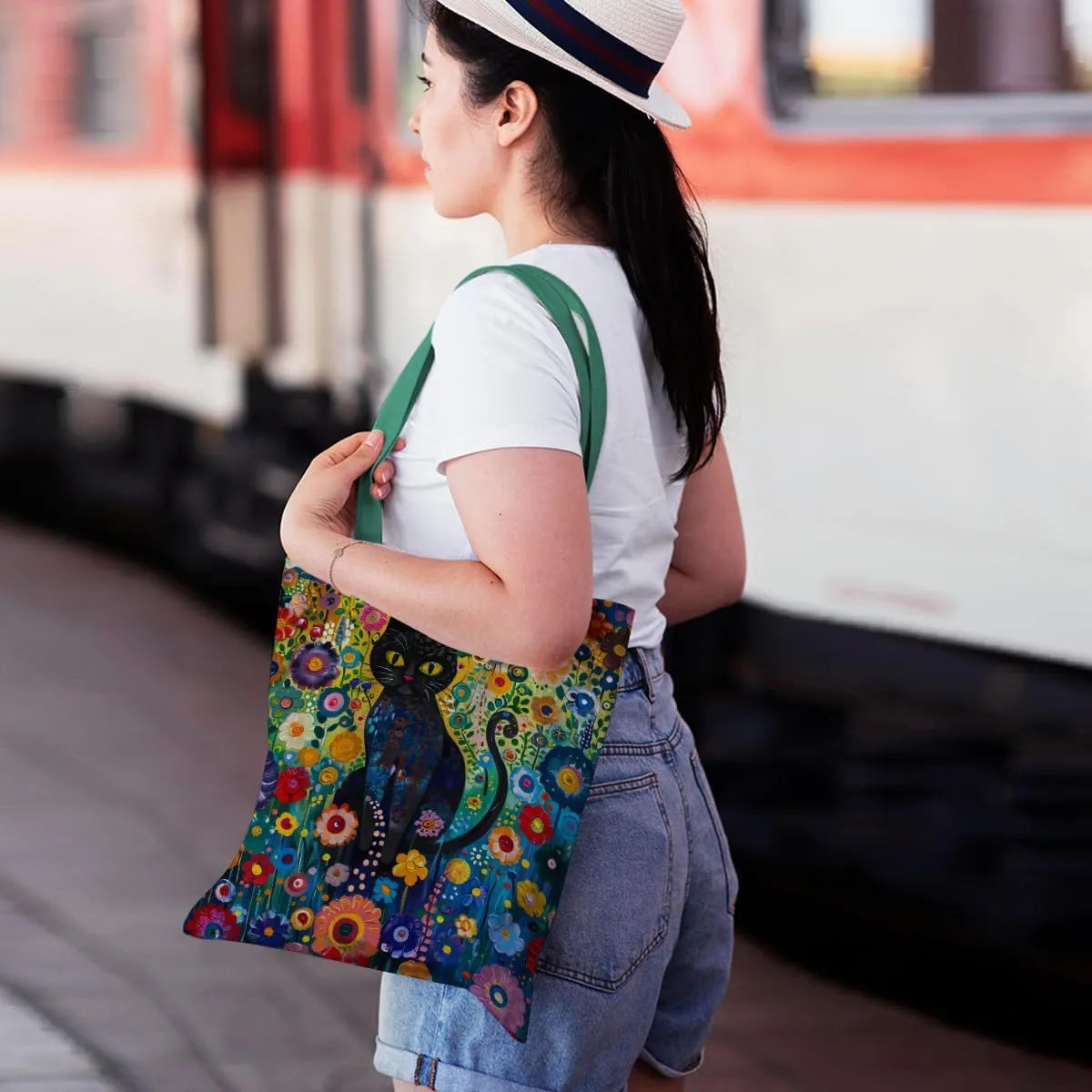 Cute Tote Bag for Women Floral Cat Gifts Boho Butterfly Forest Animals Reusable Grocery Bags Cat Lover Gifts