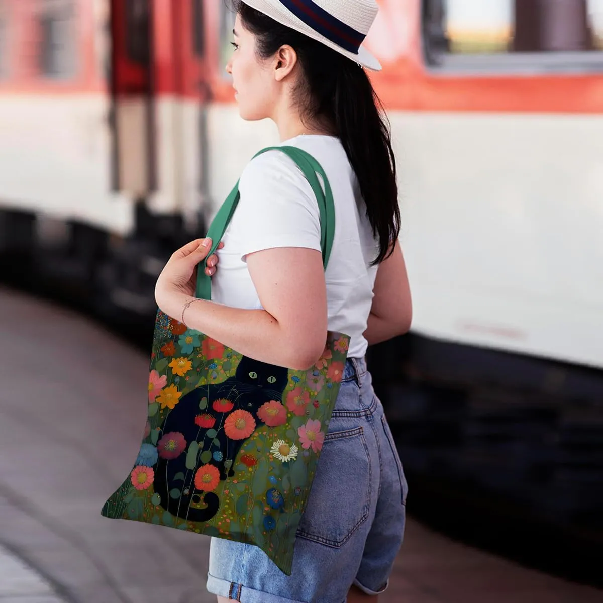 Cute Tote Bag for Women Floral Cat Gifts Boho Butterfly Forest Animals Reusable Grocery Bags Cat Lover Gifts