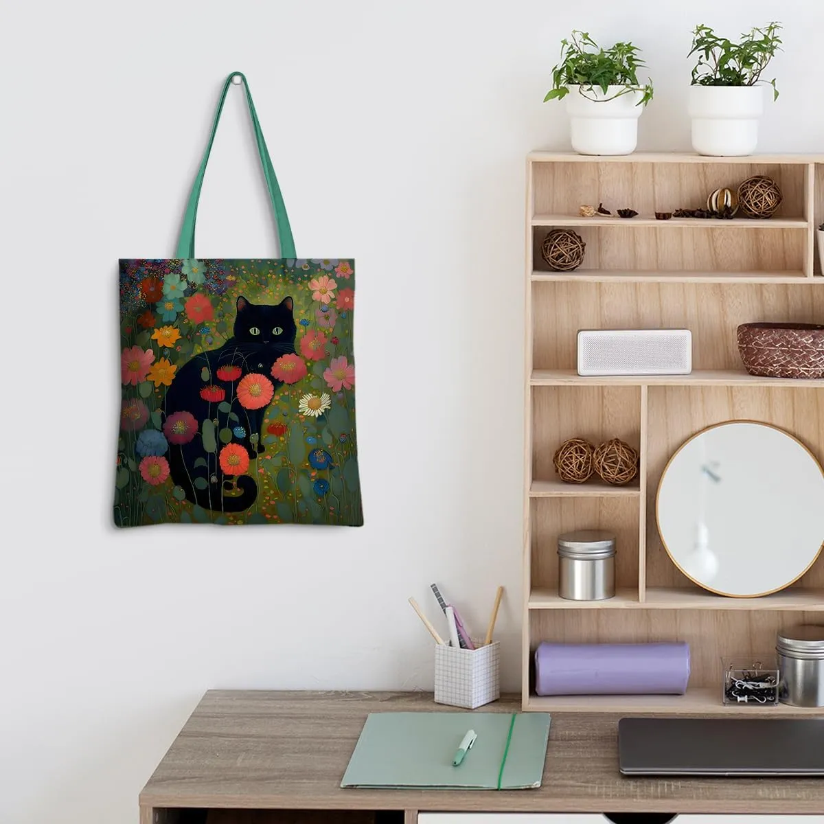 Cute Tote Bag for Women Floral Cat Gifts Boho Butterfly Forest Animals Reusable Grocery Bags Cat Lover Gifts